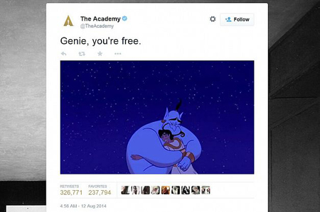 5- توئیت مربوط به فوت «رابین ویلیامز» منتشر شده توسط گروه Aladdin با 327,432 بار انتشار