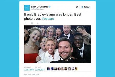 1- سلفی «اِلِن دیگرنز» مربوط به جایزه اسکار که 3 میلیون بار در توئیتر به اشتراک گذاشته شد