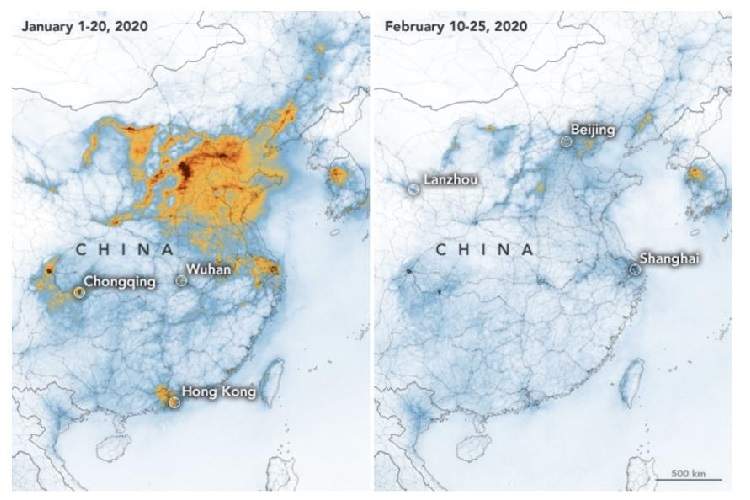 نقشه‌های ماهواره‌ای نشان ‌دهنده کاهش چشمگیر آلودگی در مناطق قرنطینه شده هستند